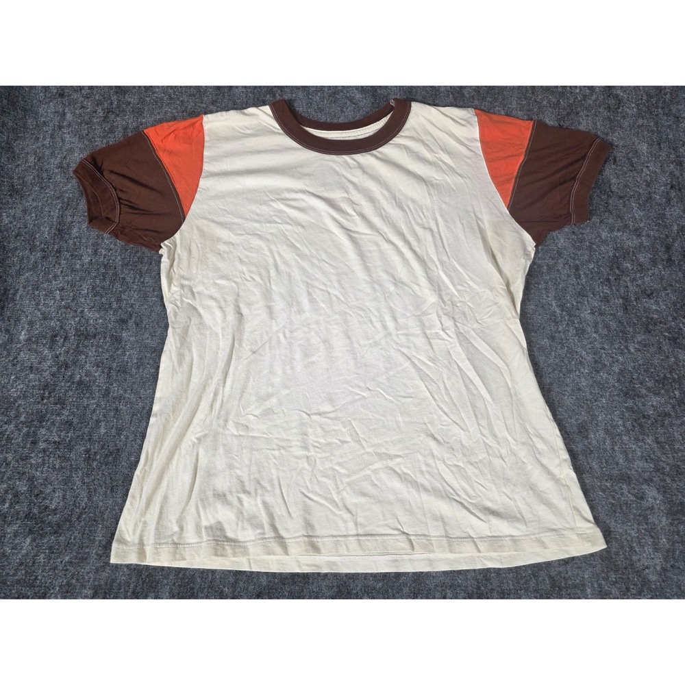 Big Bud Press Shirt Unisex L Cream Brown Orange 70s Colorblock Ringer Tee USA